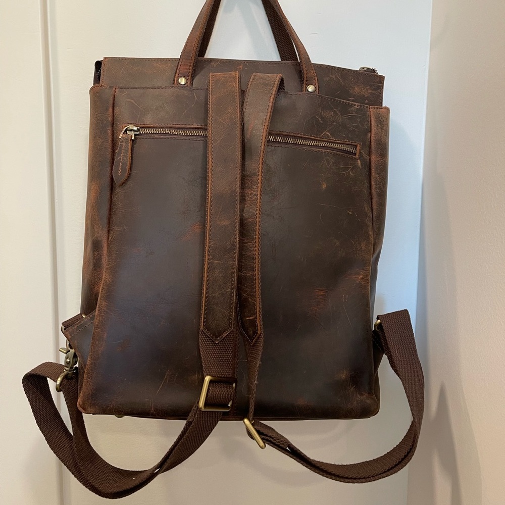 Genuine leather computer backpack with top handles
